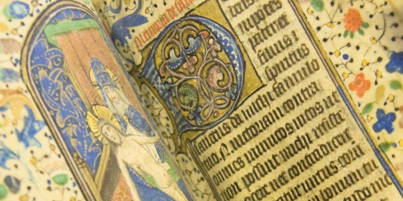 A close up image of an illuminated manuscript from Special Collections