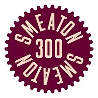 A solid maroon cog shape with &#039;SMEATON 300&#039; in off-white within it