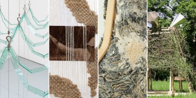 Four images in a row, left to right: hanging glass pieces in a matrix pattern, close up of a wooden etching suspended in a weaving, close up of organic material in a wooden form, a leaf covered hut with speakers sticking out the top.