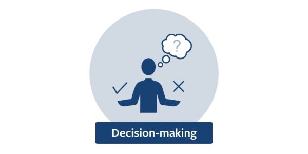 Person icon weighing up a tick on one hand and a cross on another.