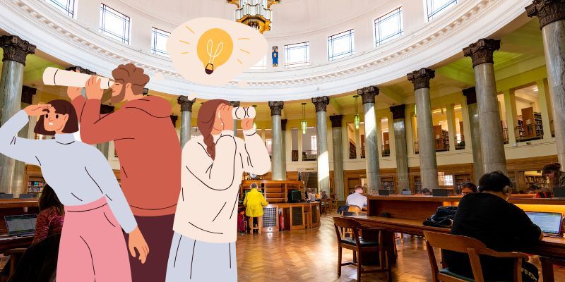 A group of illustrated people use binoculars against the backdrop of Brotherton Library. They look at illustrated lightbulbs to symbolise innovation.