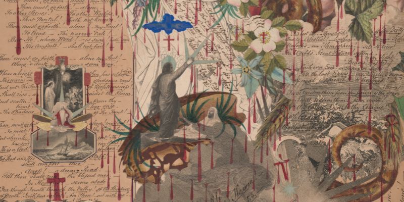 Detail of a decoupage artwork featuring motifs such as mythological figures, flowers, crosses, handwriting and blood drips.