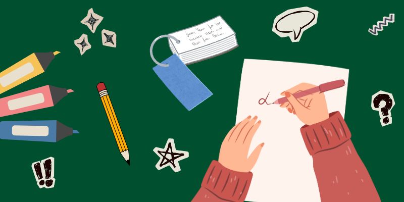 An illustrated study-themed graphic on a dark green background. It shows a person writing on a sheet of paper, and various bits of stationary like highlighters, pencils and flashcards. It suggests planning, studying and organisation.
