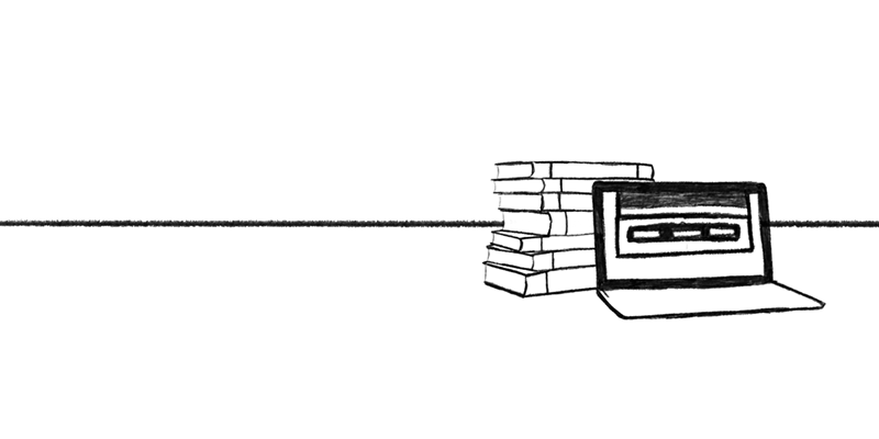 Illustration of a laptop and books in a pile.