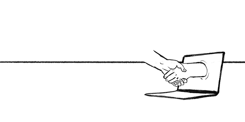 Illustration ofshaking hands extending from a laptop.