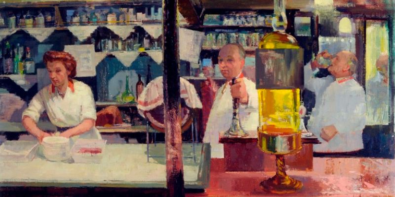 Painting of three staff members behind a copper coloured bar. The person on the left is preparing food, the person in the middle is pulling a pint, and the person on the right is drinking from a glass. Behind them are various coloured bottles on shelves.