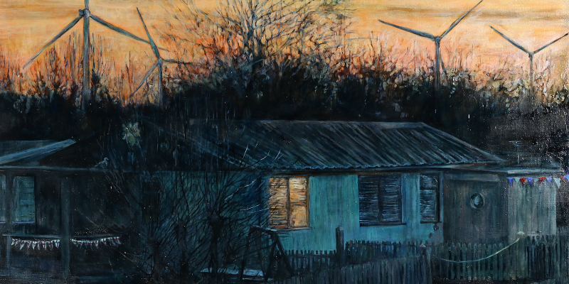 Painting of a small blue house surrounded by dark bushes against a pale orange sky. In the background are wind turbines.