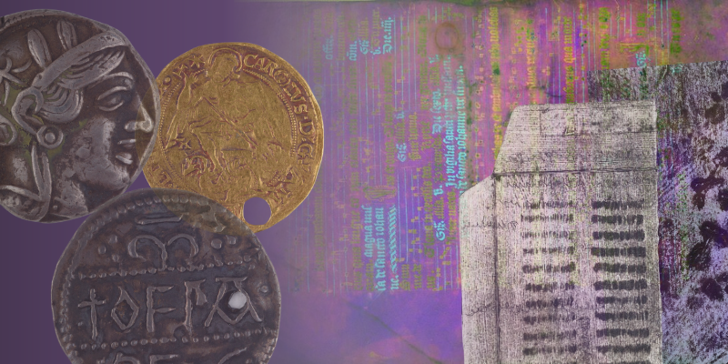 Ancient coins and black and white prints of medieval manuscript fragments overlaid on a colourful multispectral image of medieval text