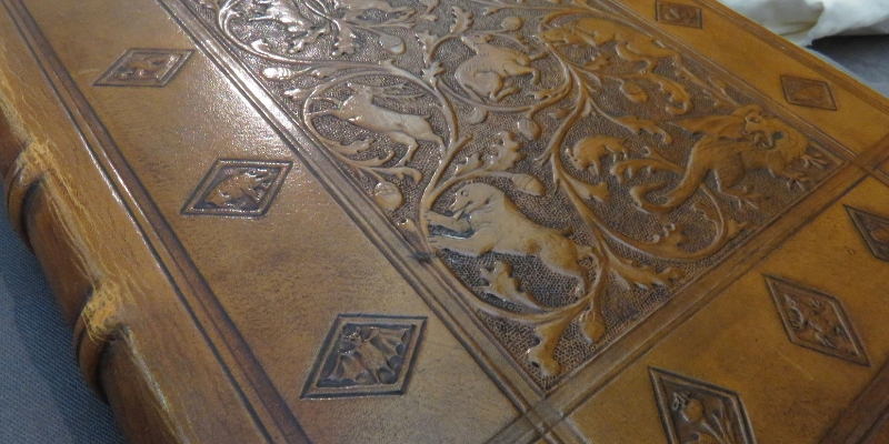 A cropped image of the cover of Malleus Maleficarum, showing bats and other magical creatures in the leather binding