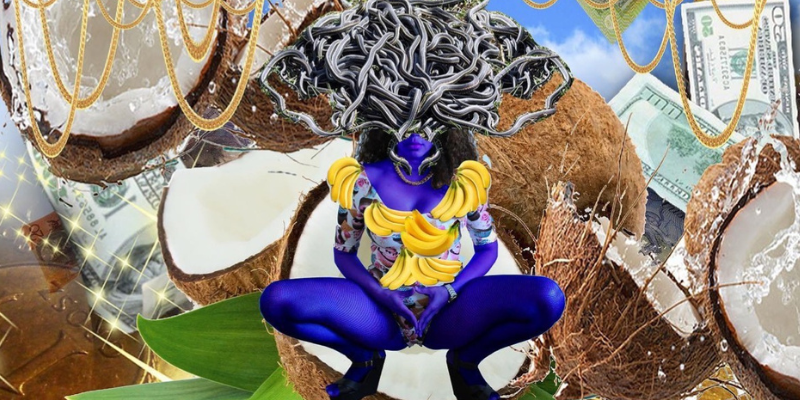 A heavily layered and manipulated image of a woman, coloured purple, in a floral dress layered with bananas and a pile of snakes on her head, crouching in front of layered coconuts, gold chains, coins, banknotes, and a blue sky.