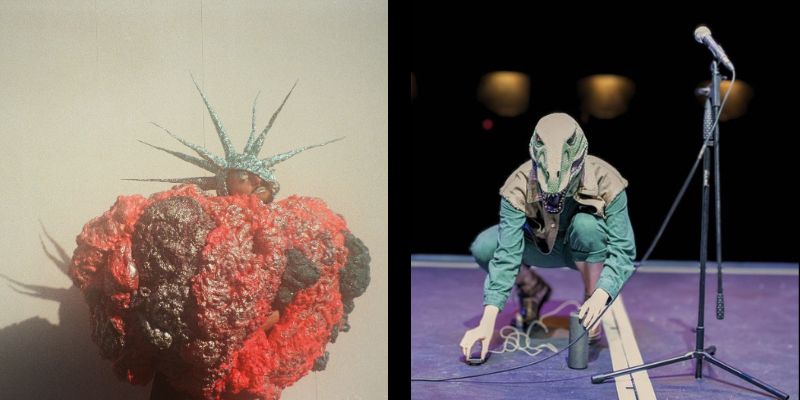 Left: Artist K Walker is dressed in a big, puffy round red creation and wears a large spikey headdress. 
Right: Artist K Walker wears a dinosaur mask. they are crouched on a stage by a standing microphone