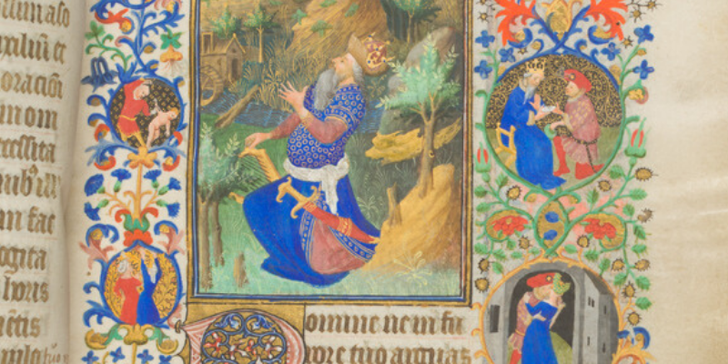 Vivid medieval manuscript of kneeling King David