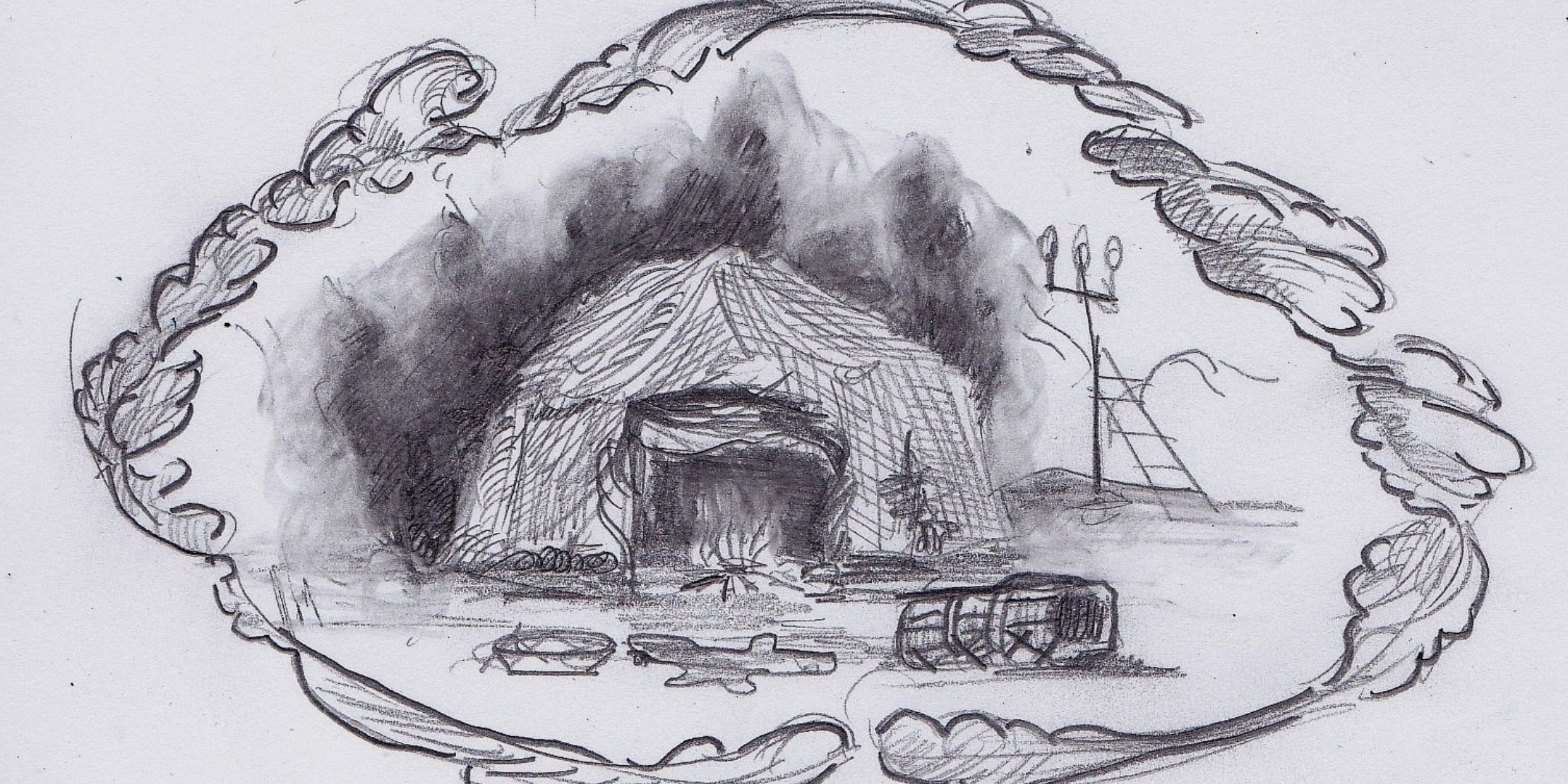 Pencil drawing of a tent with a campfire in front of it