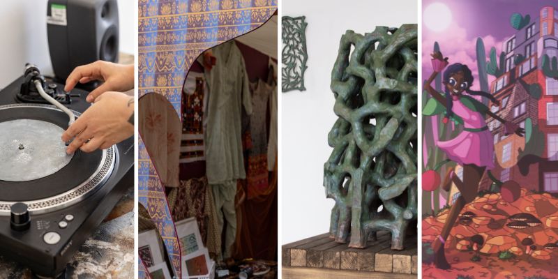 Hands placing a vinyl on a turntable; traditional South Asian clothing hung up inside an ornately decorated structure; a green interwoven ceramic sculpture on a wooden plinth; a digital drawing of a cartoon black person in a pink dress beside a building