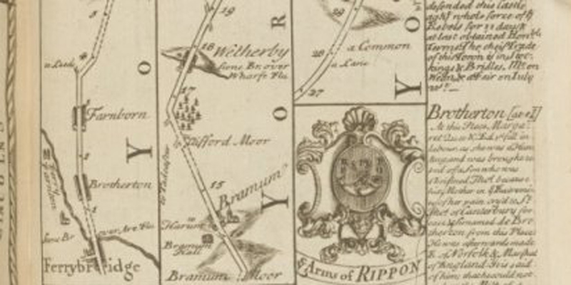 Crop of an illustrated map showing Wetherby and the Arms of Ripon