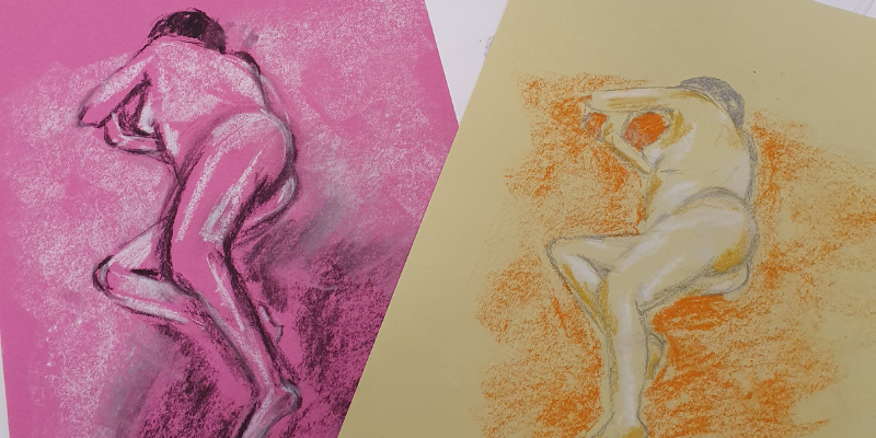 Life drawing sketches on pink and yellow paper
