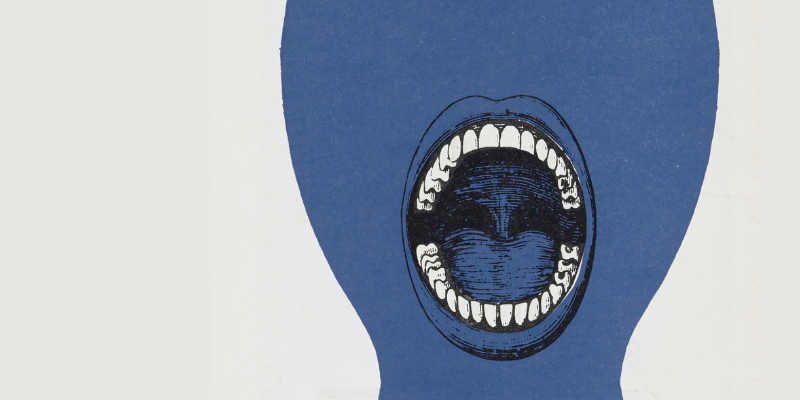 A blue shape of a head and neck with a black and white drawing of an open mouth, on a white background