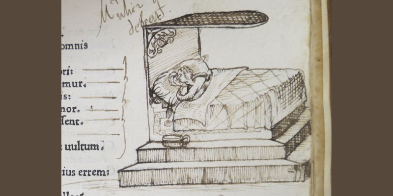 Medieval illustration of a couple kissing in bed, found inside one of the earliest printed editions of the complete works of Ovid.