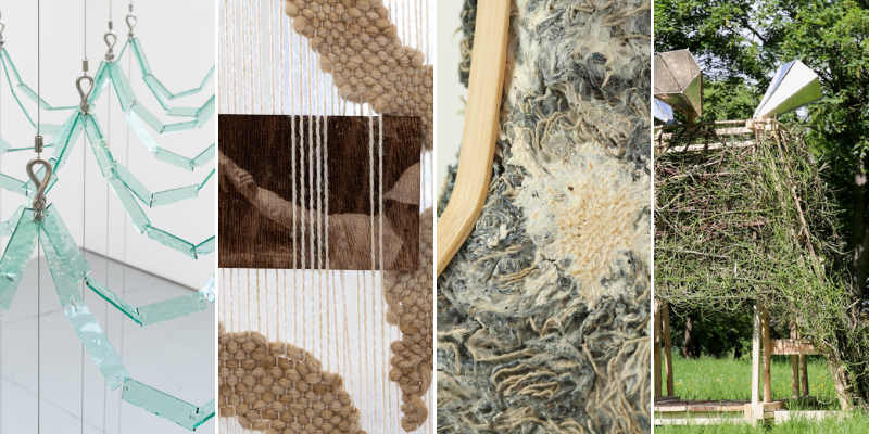 Four images in a row, left to right: hanging glass pieces in a matrix pattern, close up of a wooden etching suspended in a weaving, close up of organic material in a wooden form, a leaf covered hut with speakers sticking out the top.