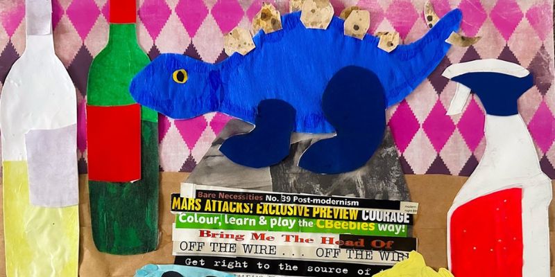 A collage of a still life set made of cut different coloured paper. A blue toy dinosaur stands on top of a stack of books. On the left there are two bottles of white and red wine.