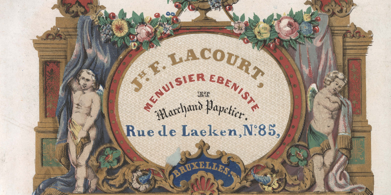 An ornate Belgian trade card from the John Evan Bedford Library of Furniture History.