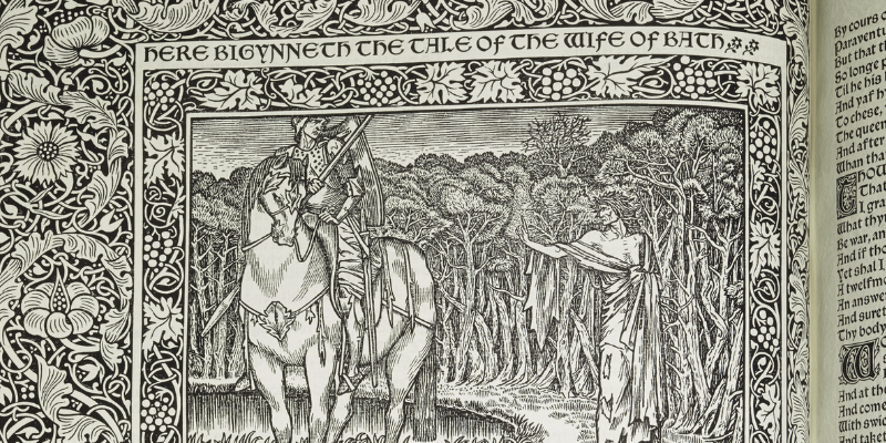 Black and white illustration from Chaucer's Canterbury Tales, printed by William Morris' Kelmscott Press.