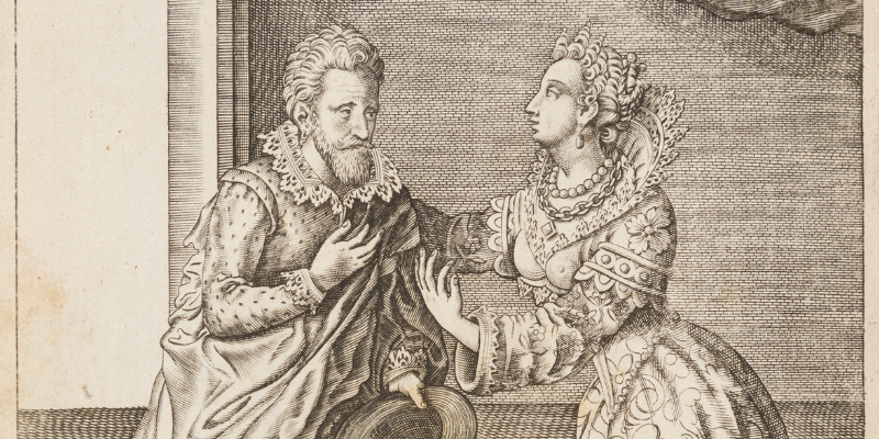Illustration of a man talking to a Venetian courtesan from the book 'Coryat's Crudities' by Thomas Coryat.