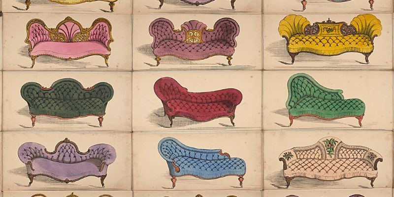 A Victorian furniture catalogue with colourful sofas laid out in a grid design