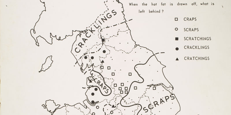 A UK map from the Leeds Archive of Vernacular Culture (LAVC) illustrating the different regional use of words for the same concept (bits of batter)