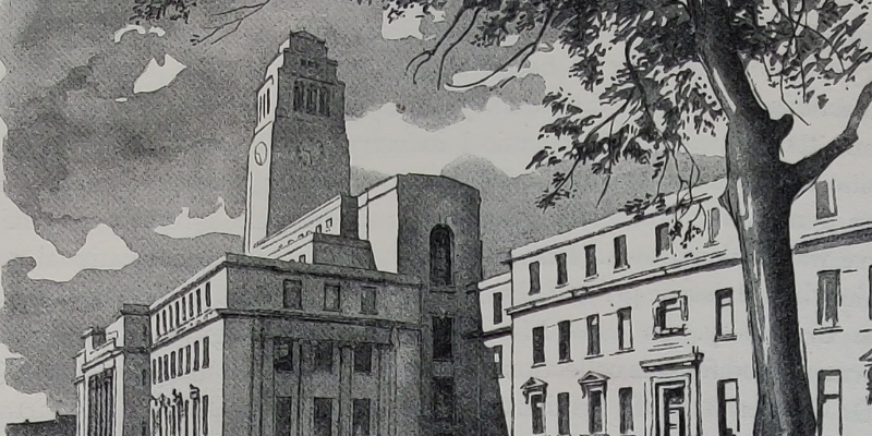 A black and white sketch of the iconic Parkinson Building clock tower by artist Maurice De Sausmarez