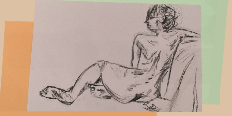 Black sketch of a nude model in a seated position on pale purple paper
