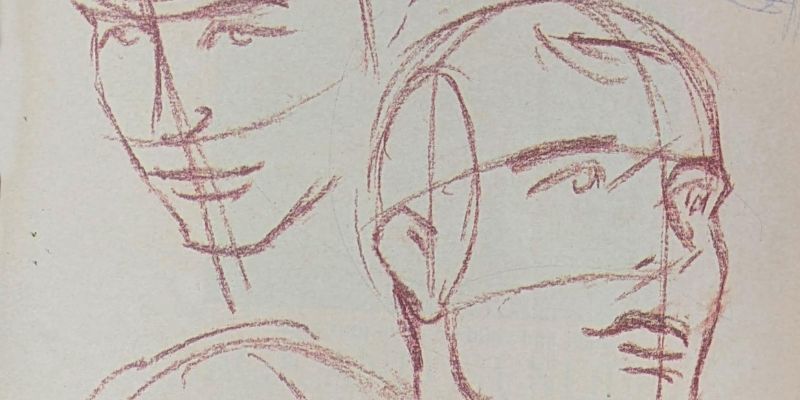Two sketches of faces looking in different directions in red pencil on beige paper