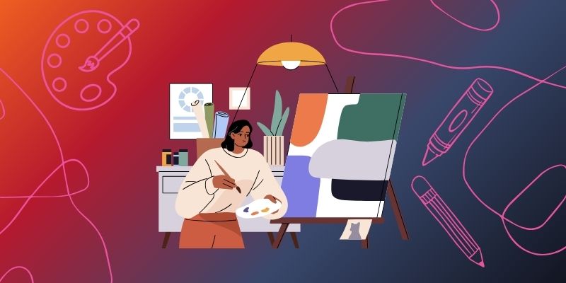 Graphic of a person drawing on easels surrounded by pink line illustrations of art materials, on a gradient blue, pink and orange background.