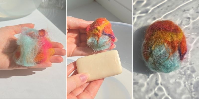 Three photographs showing the process of stone felting, from a ball of colourful felt strands held in a hand, to rubbing with soap and water, to a solid felted stone.