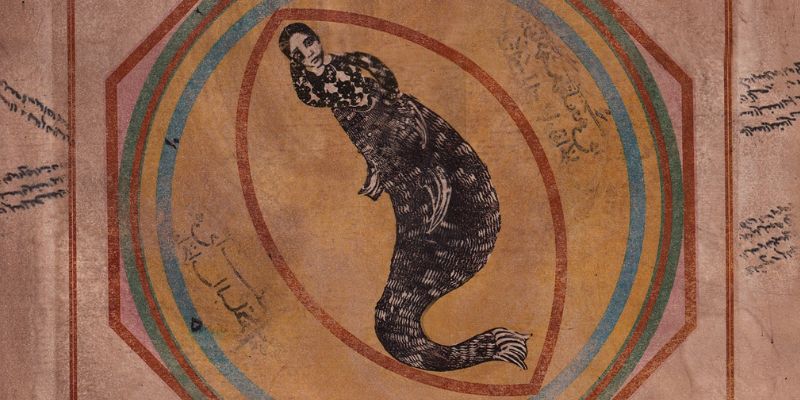 Textural print on a brown background showing a woman with a fish's tail within a colourful arrangement of circles and shapes and lines of Middle Eastern calligraphy