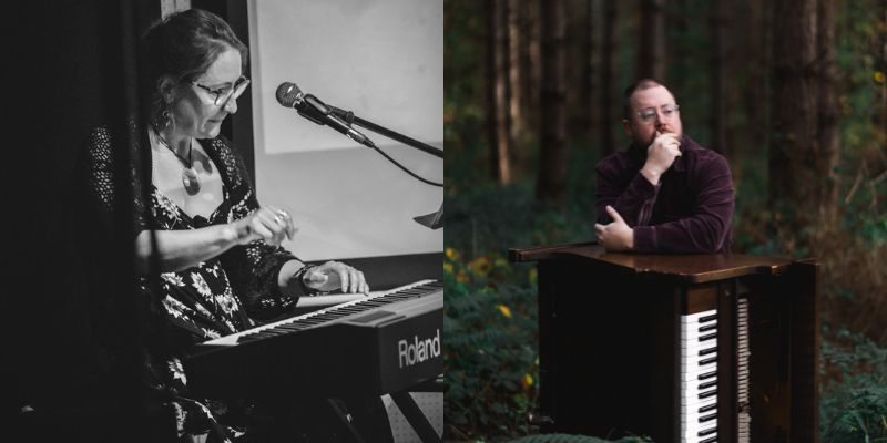 A black and white photo of a woman playing an electric piano. And a colour photo of a white man leaning on an overturned piano in the woods.