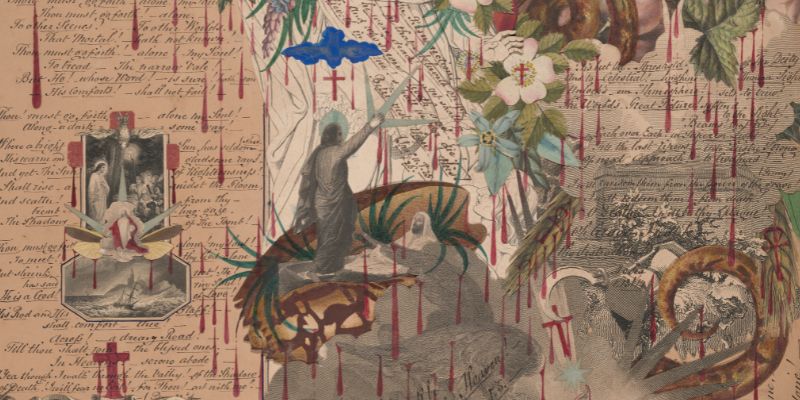 Detail of a decoupage artwork featuring motifs such as mythological figures, flowers, crosses, handwriting and blood drips.