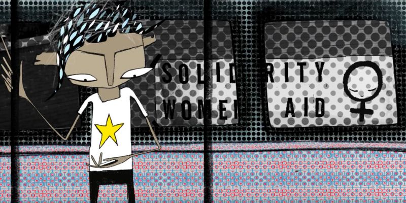 Animation still of a person on a train. Behind them, out of a window, is a poster with a feminist symbol and the message 'Solidarity Women's Aid'.