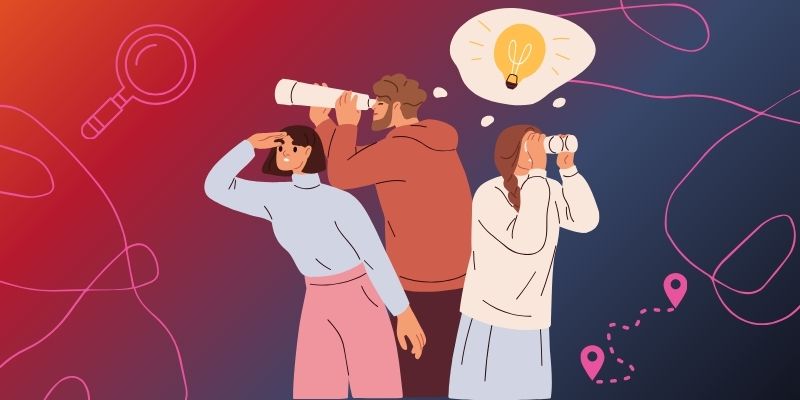 Graphic of people using telescopes to search for something, on a gradient blue, pink and orange background.