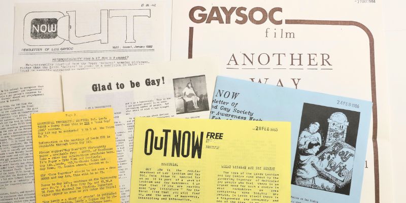 Selection of archival material relating to LGBTQIA+ histories at the University of Leeds, including GaySoc adverts and newsletters.