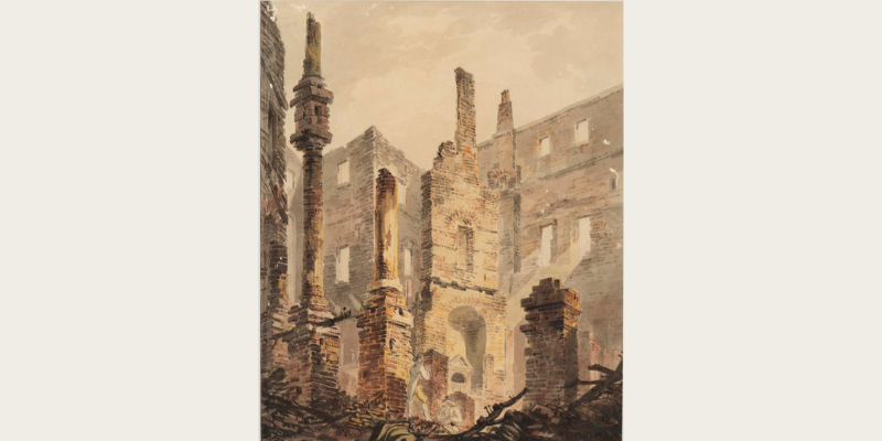 A watercolour of a building destroyed by fire in shades of brown