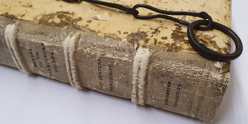 A photo of a chained book from the Special Collections at the University of Leeds.