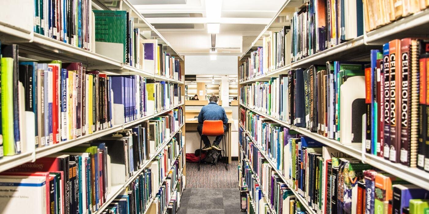 Looking through bookshelves at student studying in Edward Boyle Library