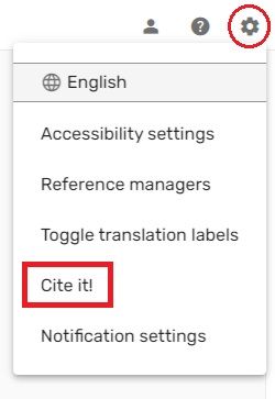 A screenshot that shows the Cite it! item in the Settings (or cog) menu