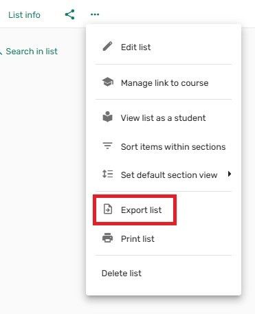  A screenshot that shows the Export List item in the ellipsis menu.