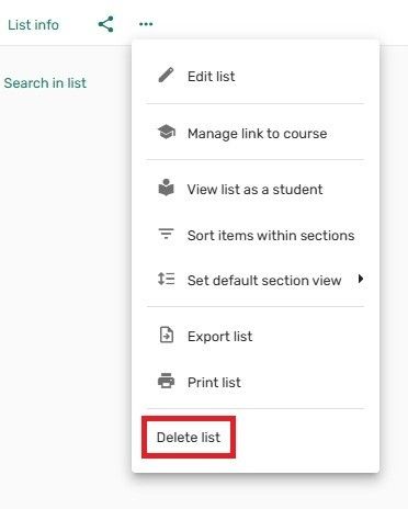 A screenshot that shows the Delete List item in the ellipsis menu.