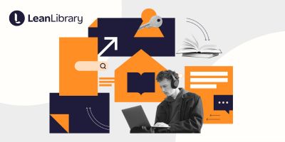 Logo for the Lean Library app. Shows a student study among graphics of geometric shapes in orange and deep blue on a grey/white background.