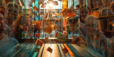 Books falling through shafts of light