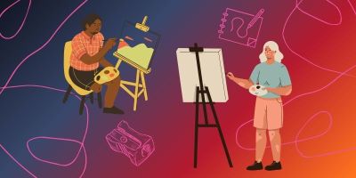 Graphic of people drawing on easels surrounded by pink line illustrations of art materials, on a gradient blue, pink and orange background.