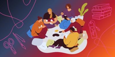 Graphic of a group of people sitting and crafting surrounded by pink line illustrations of books on a background gradient of blue, pink and orange.